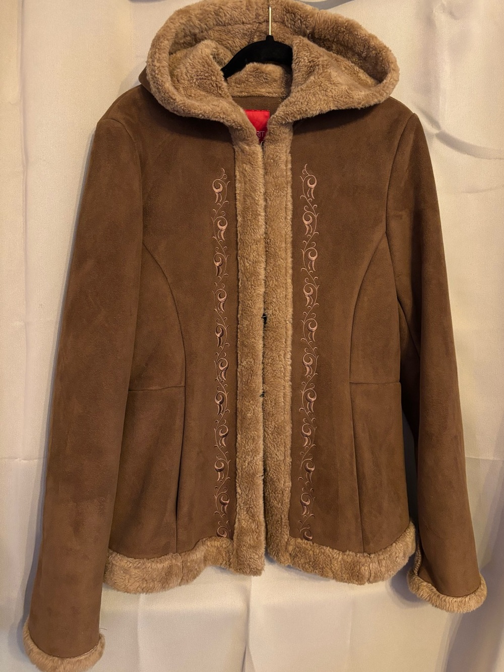 Vintage 1990s Esprit Brown Faux Suede Hooded Teddy Jacket with Shearling Trim